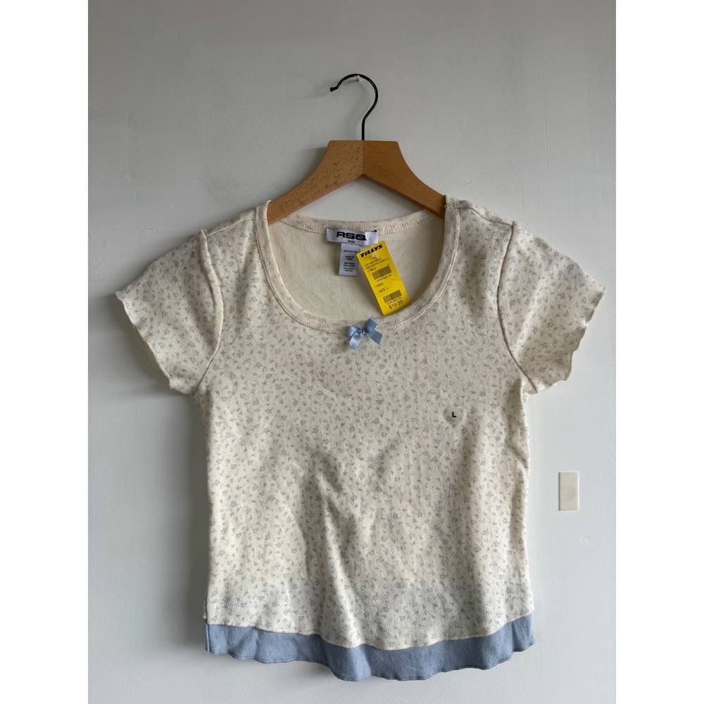 RSQ tween Tillys Ditsy Floral Double Layer Lettuce Hem Top XS Blue Cream